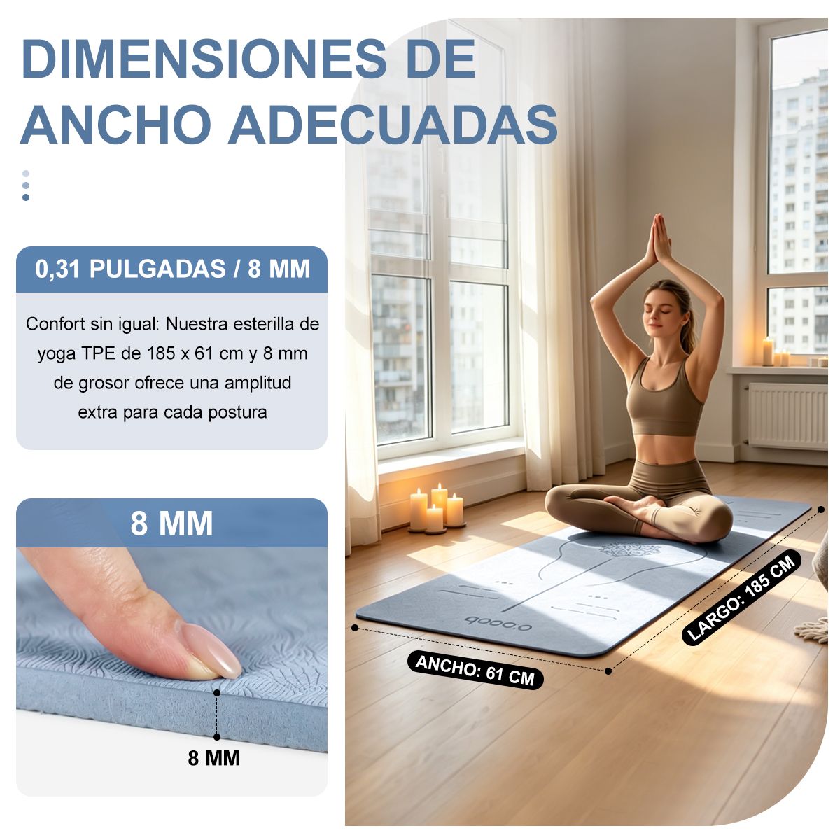 SUPERCENTER - Mat Yoga Tpe 8mm Antideslizante Colchoneta con líneas de postura Ejercicio Pilates 185x61cm Azul