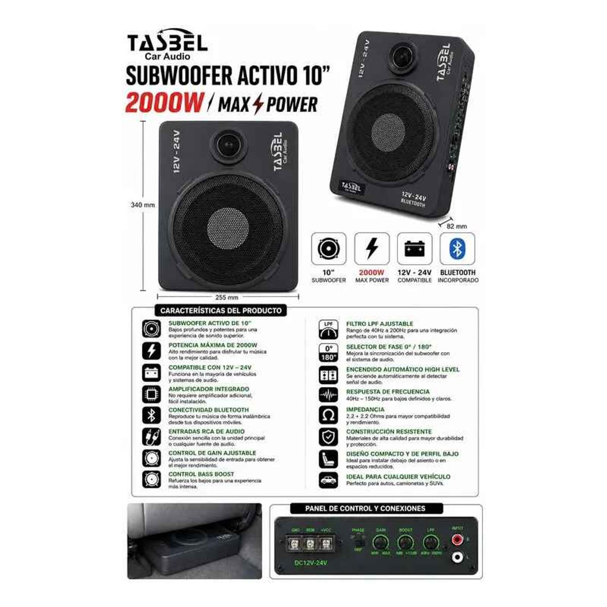 TASBEL - Subwoofer Amplificado 2000w Para Auto Y Camion 12v-24v