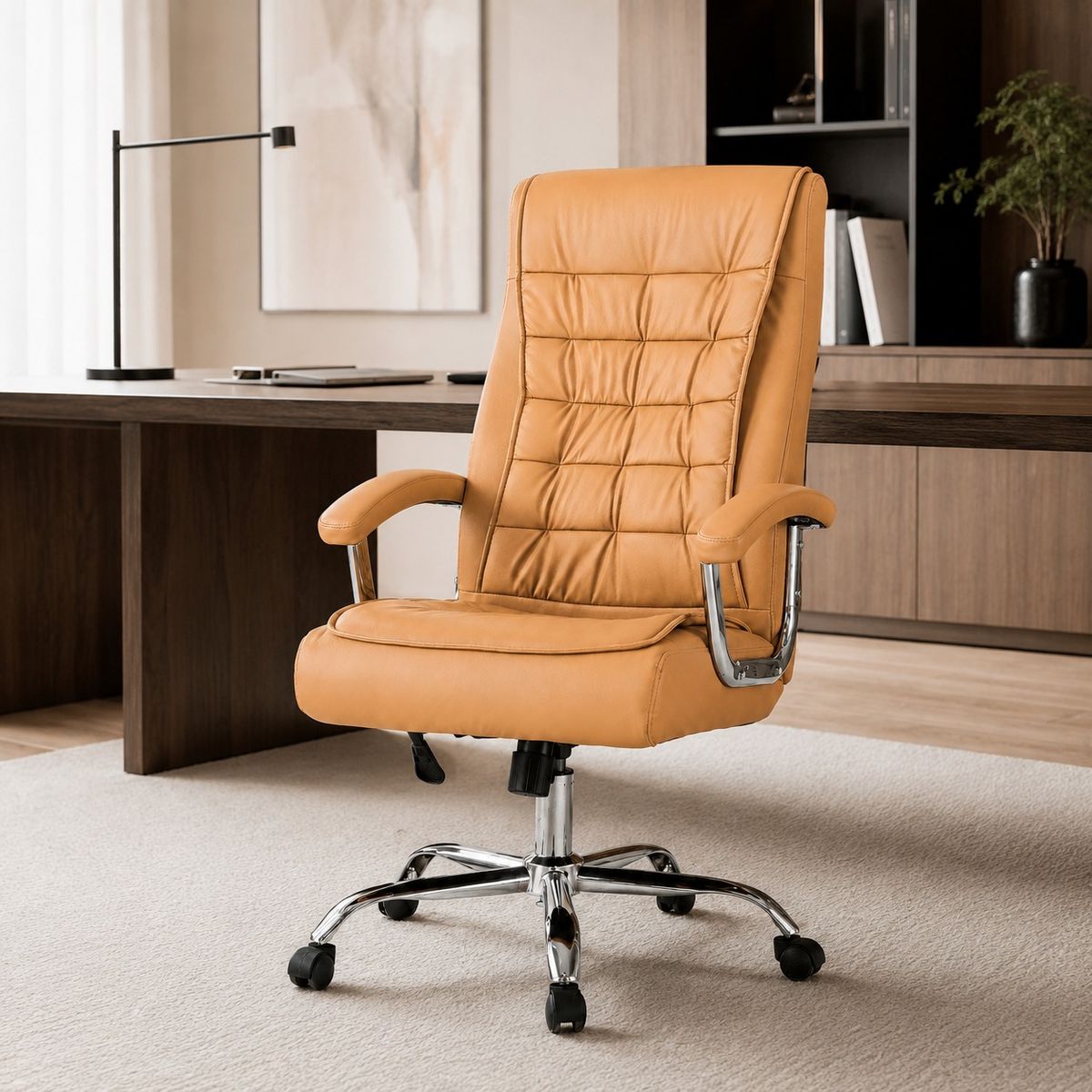 SPACE HOME - Silla Ejecutiva Magnus Caramelo  con Respaldo Alto Acolchado, Ruedas y Base Cromada para Oficina