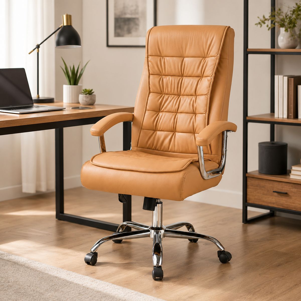 SPACE HOME - Silla Ejecutiva Magnus Caramelo  con Respaldo Alto Acolchado, Ruedas y Base Cromada para Oficina