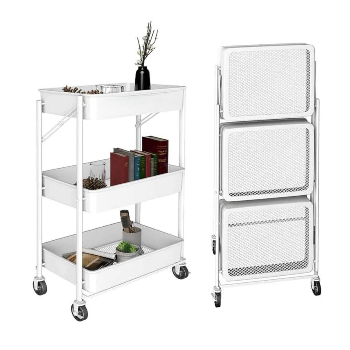 GENERICO - Organizador Carro Plegable Multiuso De 3 Niveles Con Ruedas Blanco