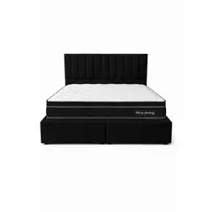 GENERICO - Cama Funcional Baúl 2 Plazas + Colchón Excellence Plus + Respaldo Turin Negro Lino