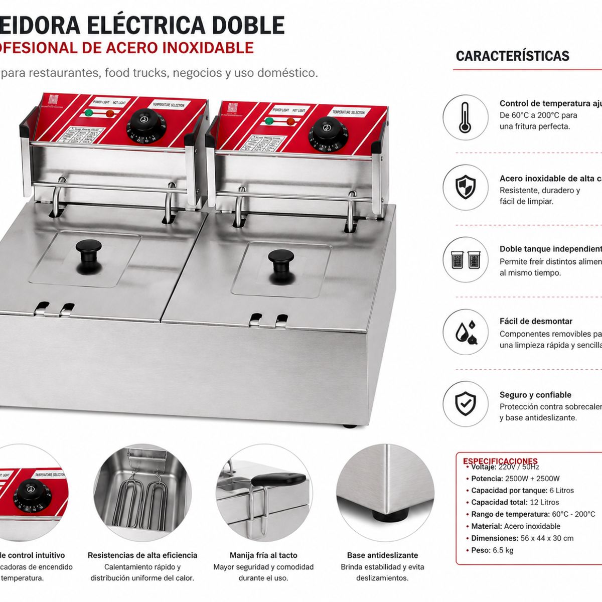 GENERICO - Freidora Eléctrica Doble de Acero Inoxidable 12 lts