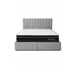 GENERICO - Cama Funcional Baúl 2 Plazas + Colchón Excellence Plus + Respaldo Turin Gris Claro Lino