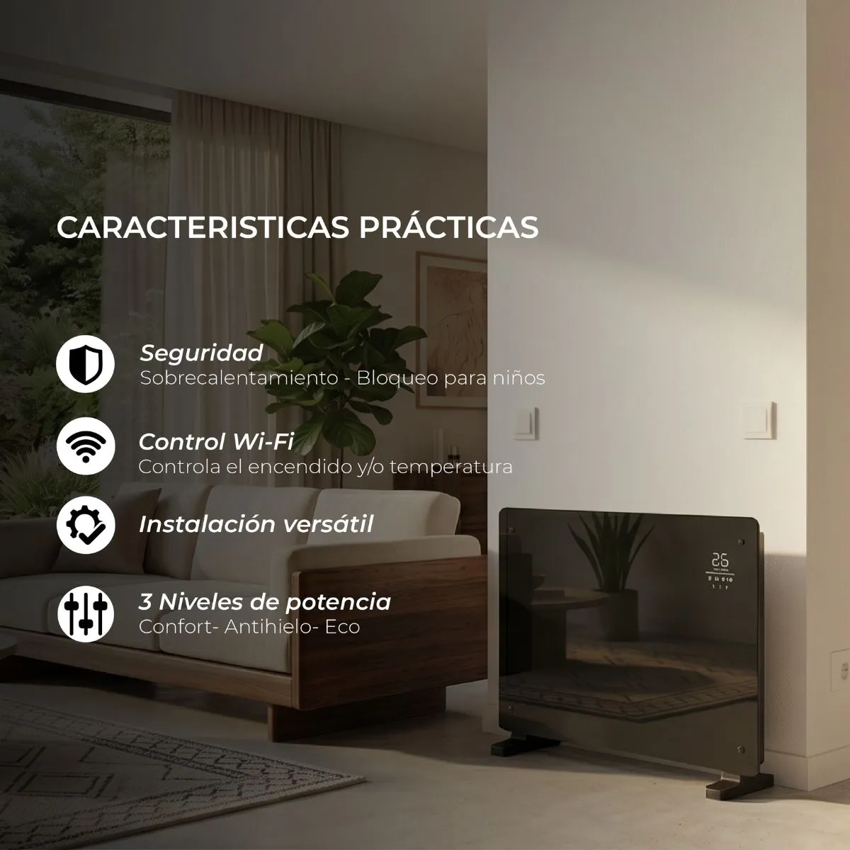 VERKEN - Estufa Calefactor Panel Radiador Eléctrico HeatGlass Negro 2000W