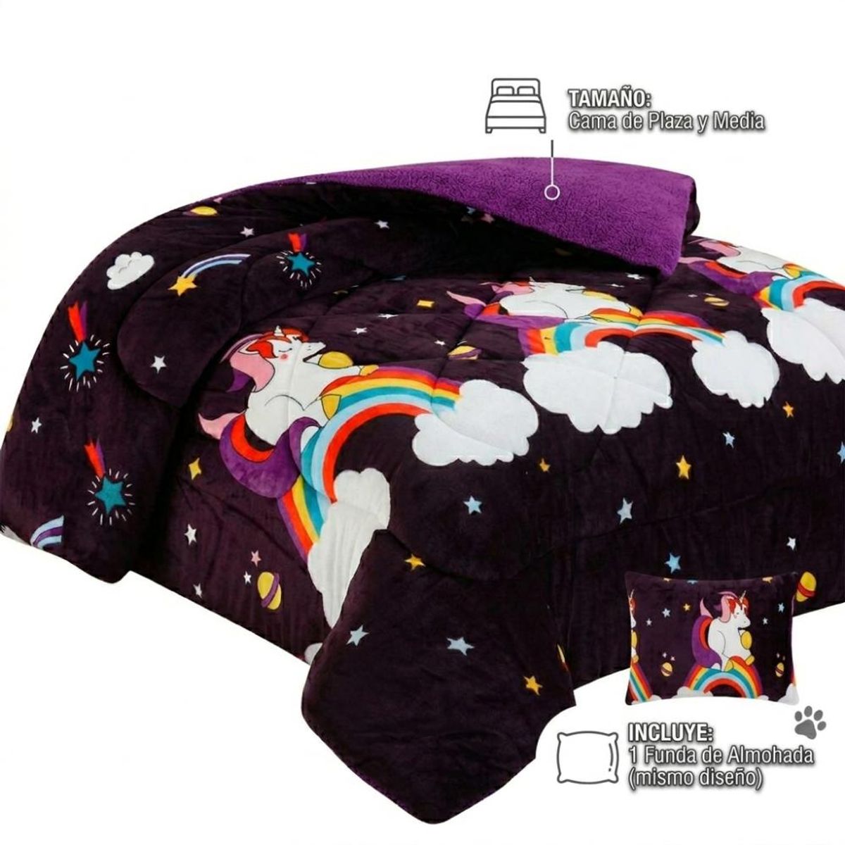 GENERICO - Cobertor 1.5 Plazas Unicornio con Chiporro + Funda Almohada