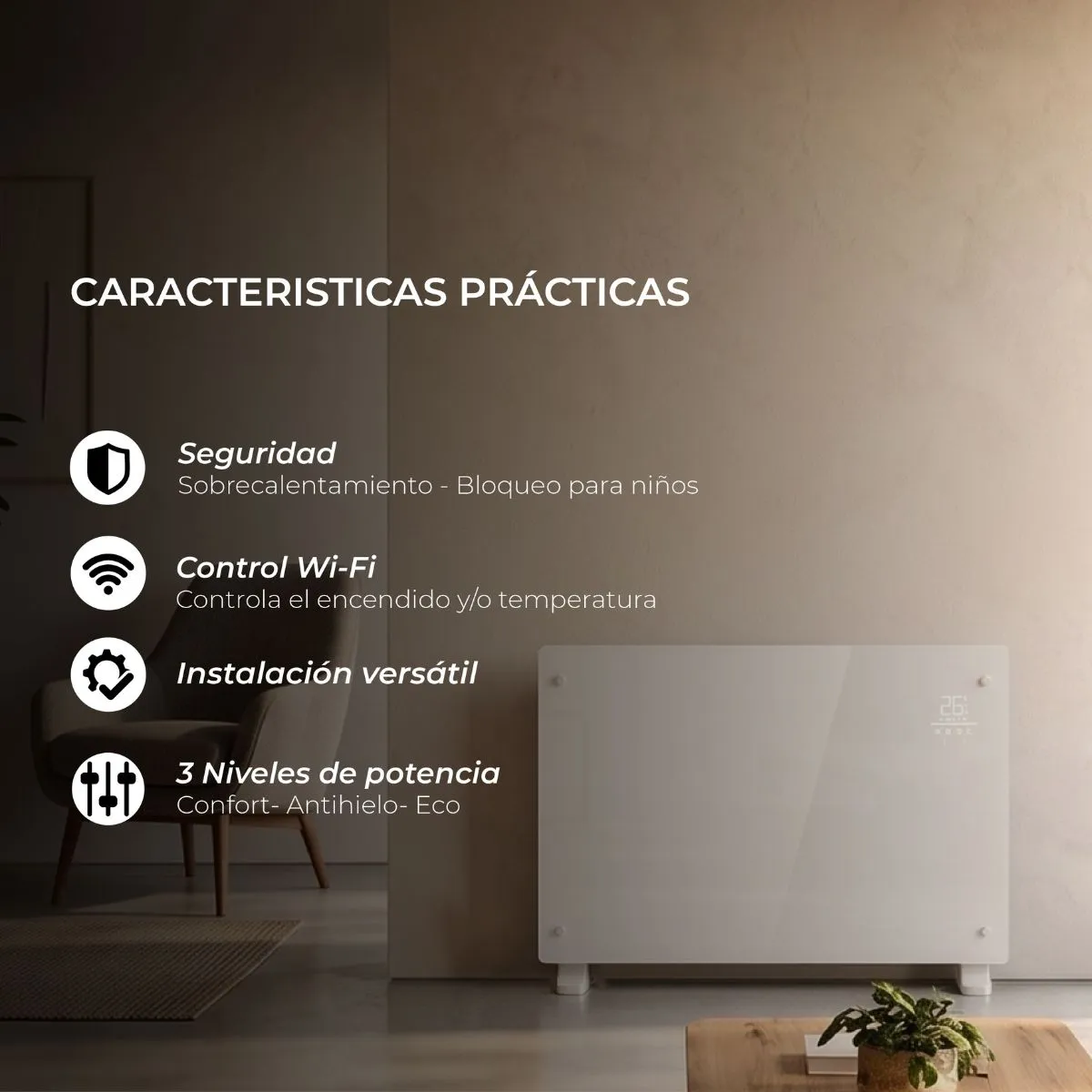 VERKEN - Estufa Calefactor Panel Radiador Eléctrico HeatGlass Blanco 2000W