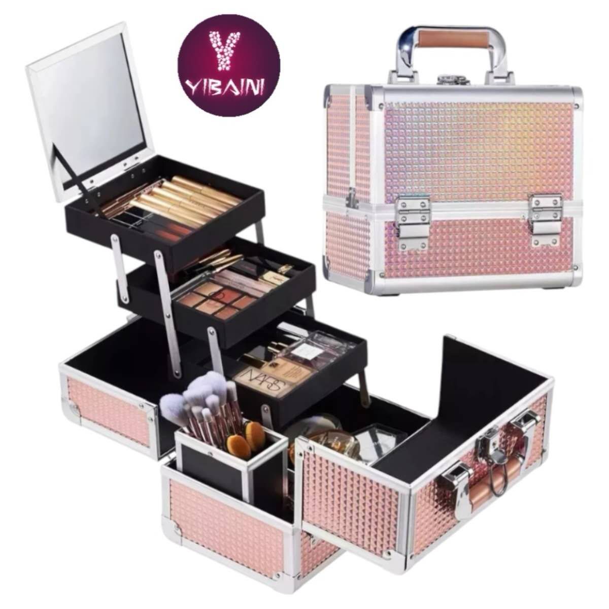 GENERICO - Maletín de Maquillaje Yibaini Rosa con Cerradura y 3 Bandejas, para Manicure y Cosméticos Portátil