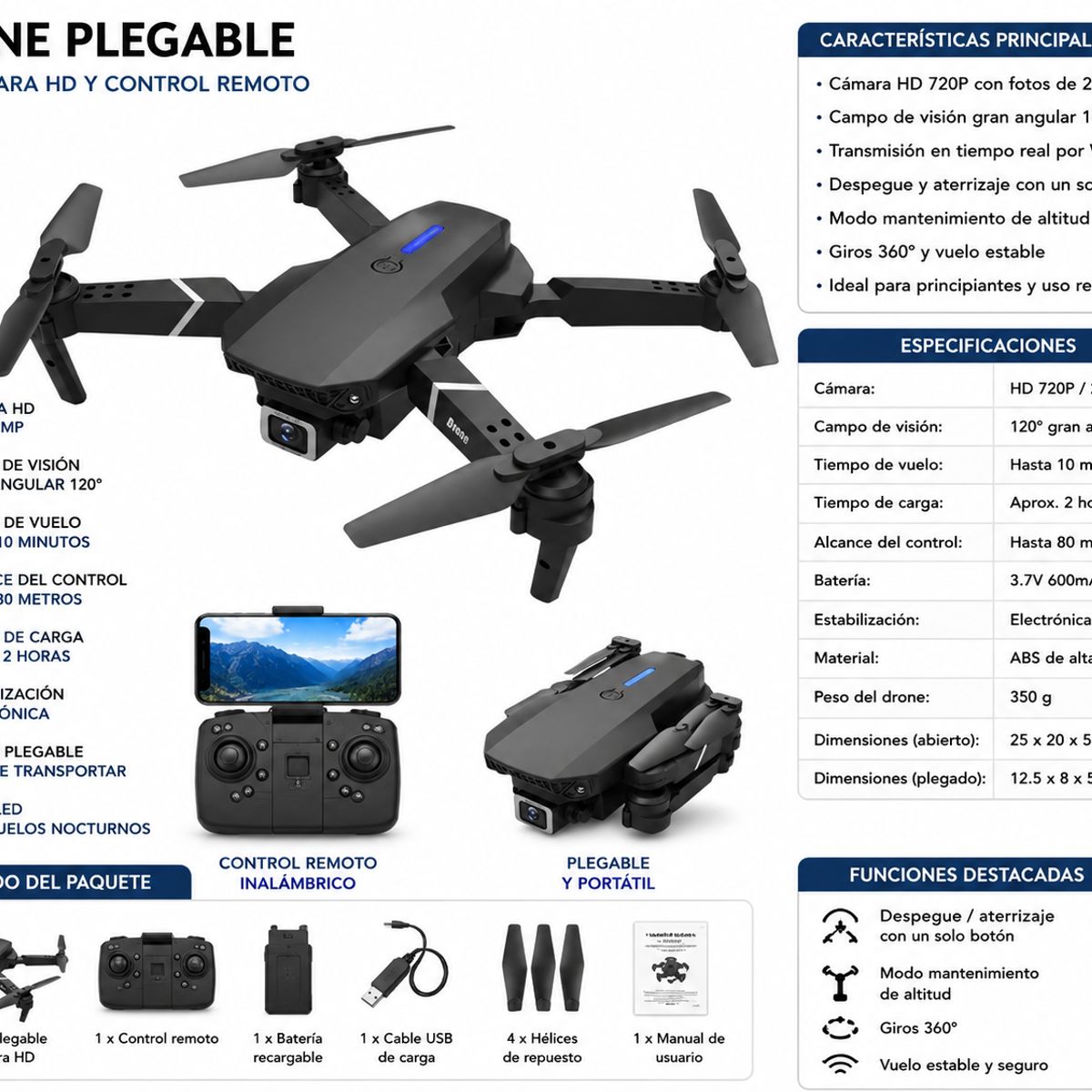 GENERICO - Drone Plegable con Cámara HD y Control Remoto