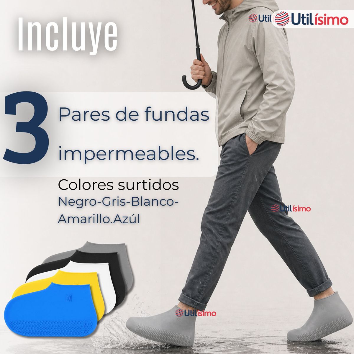 UTILISIMO - Pack 3 Pares Fundas Cubre Zapatos Hombre Impermeable Surtidas Silicona Antideslizante