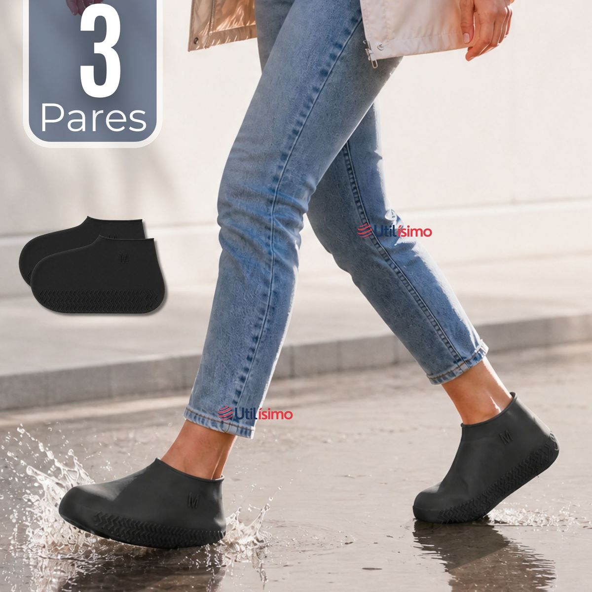 UTILISIMO - Pack 3 Pares Fundas Cubre Zapatos Negro Impermeable Surtidas Silicona Antideslizante