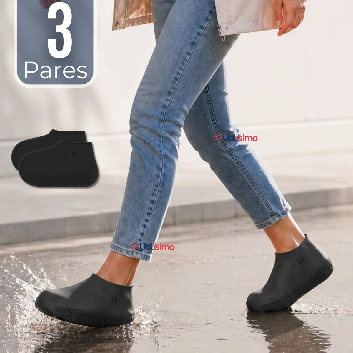 UTILISIMO - Pack 3 Pares Fundas Cubre Zapatos Negro Impermeable Surtidas Silicona Antideslizante