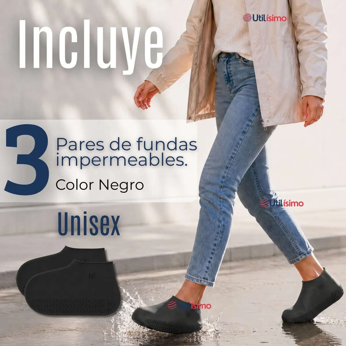UTILISIMO - Pack 3 Pares Fundas Cubre Zapatos Negro Impermeable Surtidas Silicona Antideslizante