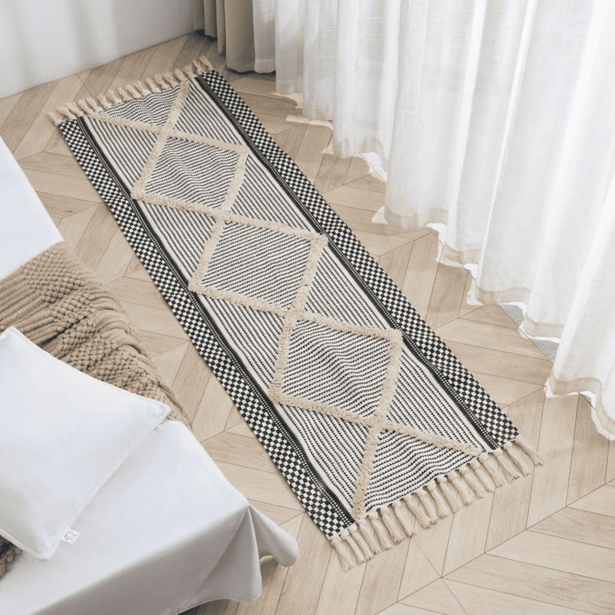 GENERICO - Alfmobra Pasillera Baja De Cama Kilim Tejida Con Flecos Boho Estampada 180x60cm