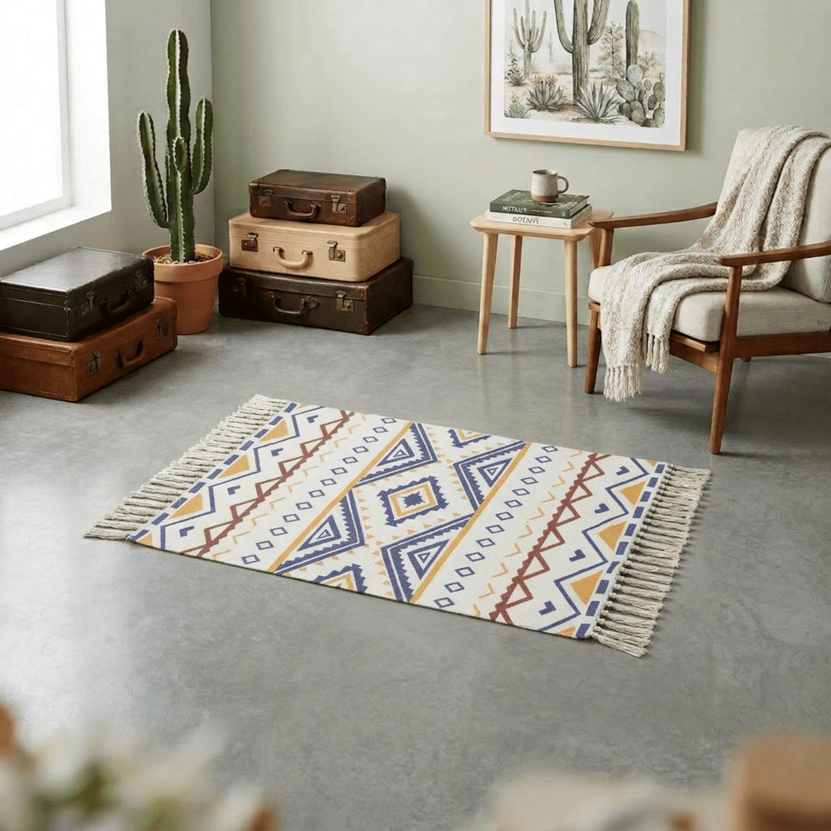 GENERICO - Bajada De Cama Kilim 60cm x 90cm Tejidas En Algodón Con Flecos Estampada