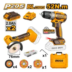 INGCO - Kit Taladro Inalámbrico Brushless + Mini Esmeril 20V Con Accesorios y 2 Baterías