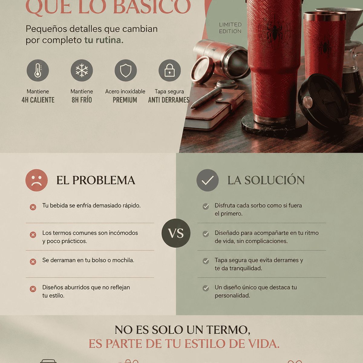 GENERICO - Termo Térmico Premium Spider 900ml  Mantiene Calor y Frío por Horas Acero Inoxidable Portátil para Café, Té y Viajes