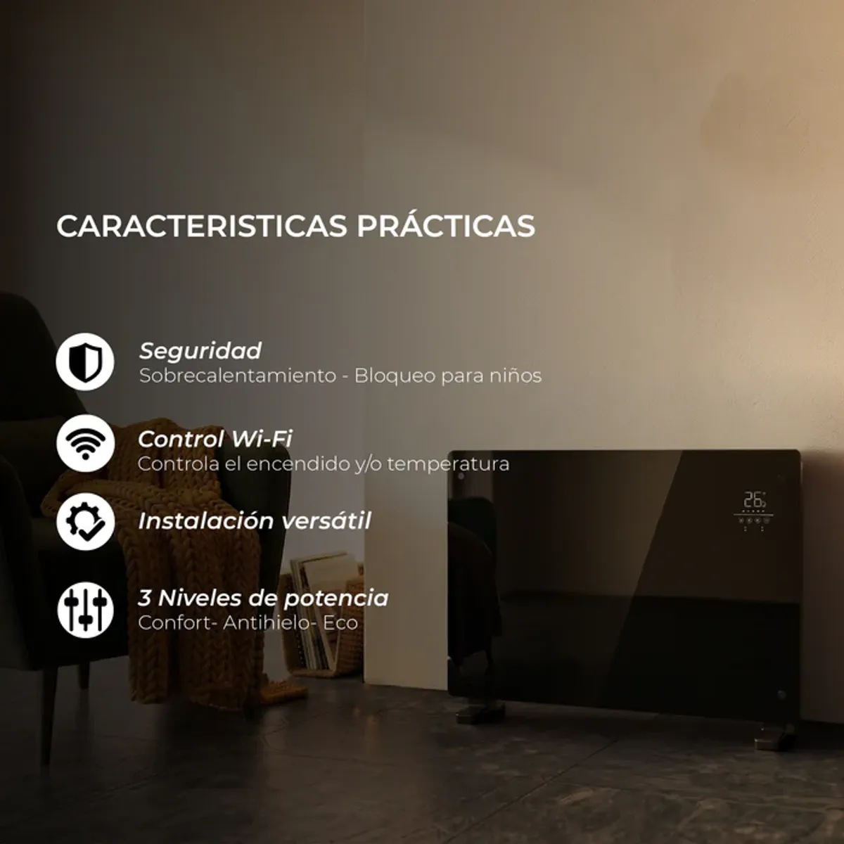 VERKEN - Estufa Calefactor Panel Radiador Eléctrico NordGlass Negro 1500W