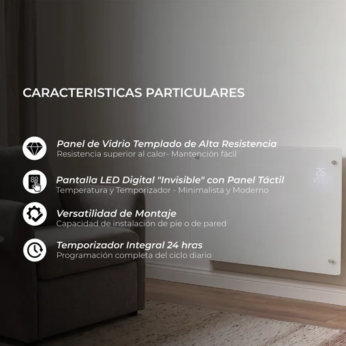 Estufa Calefactor Panel Radiador Eléctrico NordGlass Blanco 1500W, marca VERKEN - Foto 2