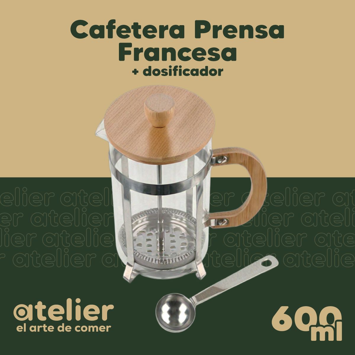 ATELIER - Cafetera Francesa 600ml Atelier Prensa Vidrio Acero Inoxidable Portatil Con Dosificador
