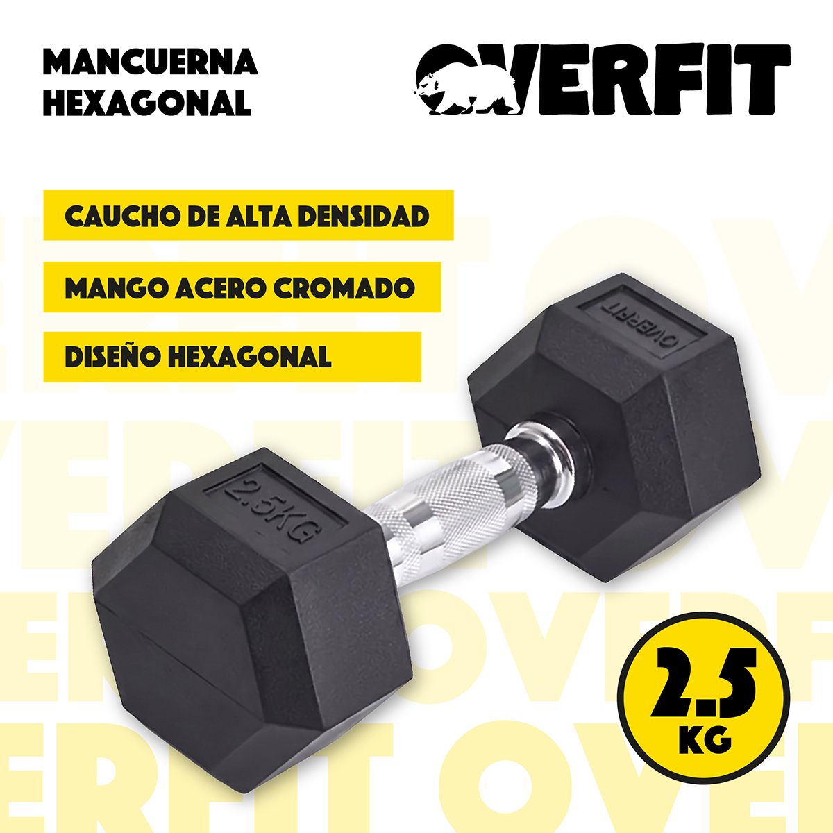 OVERFIT - Mancuerna Hexagonal 2.5kg Acero Y Caucho Overfit Negro Pesas