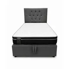 GENERICO - Cama Plaza y Media Turin Gris Grafito Baúl Multifuncional + Base + Respaldo + Colchon Mery Desing