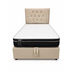 GENERICO - Cama Plaza y Media Turin Beige Lino Baúl Multifuncional + Base + Respaldo + Colchon Excellence Plus