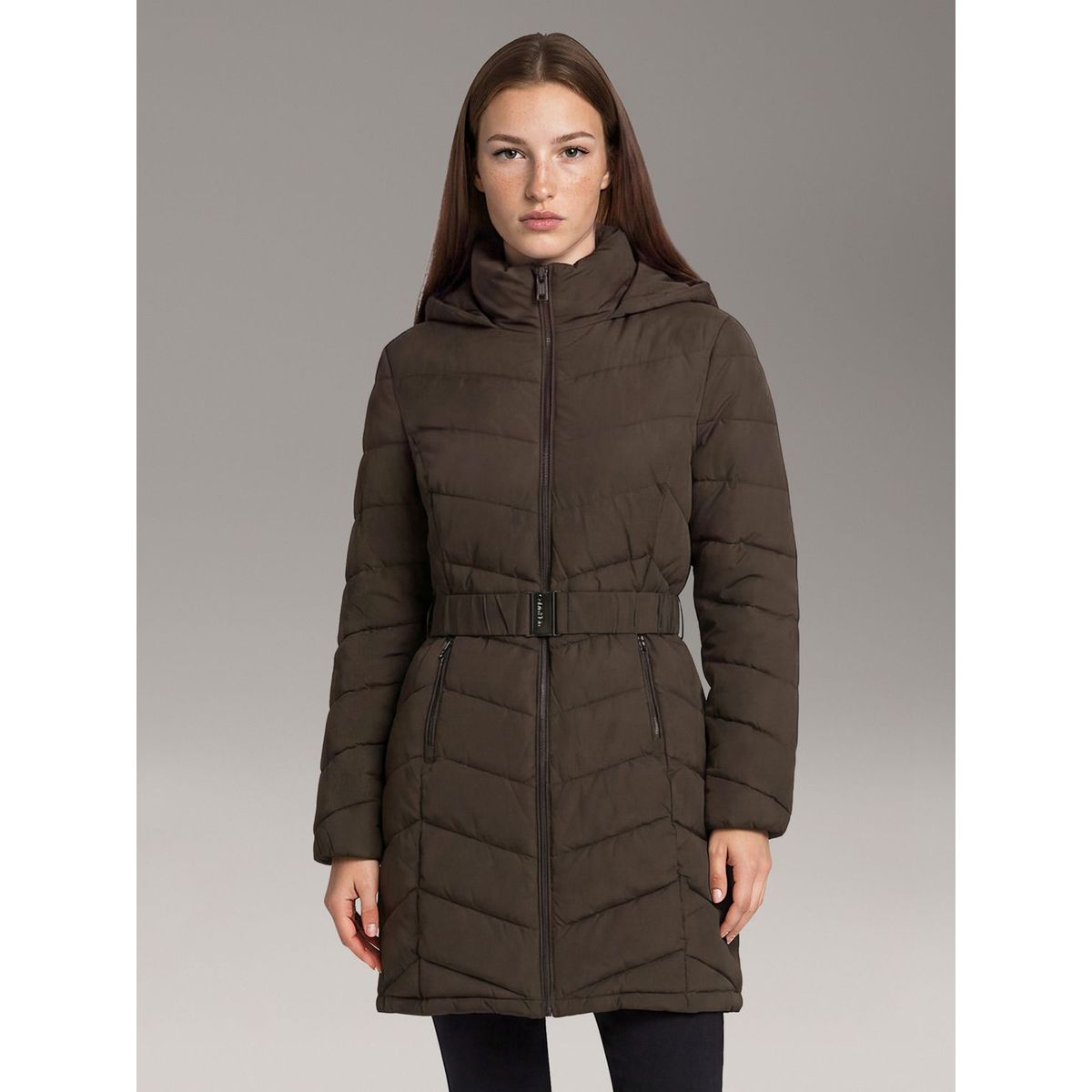 CALVIN KLEIN - Parka Larga Puffer con Gorro Gris Calvin Klein
