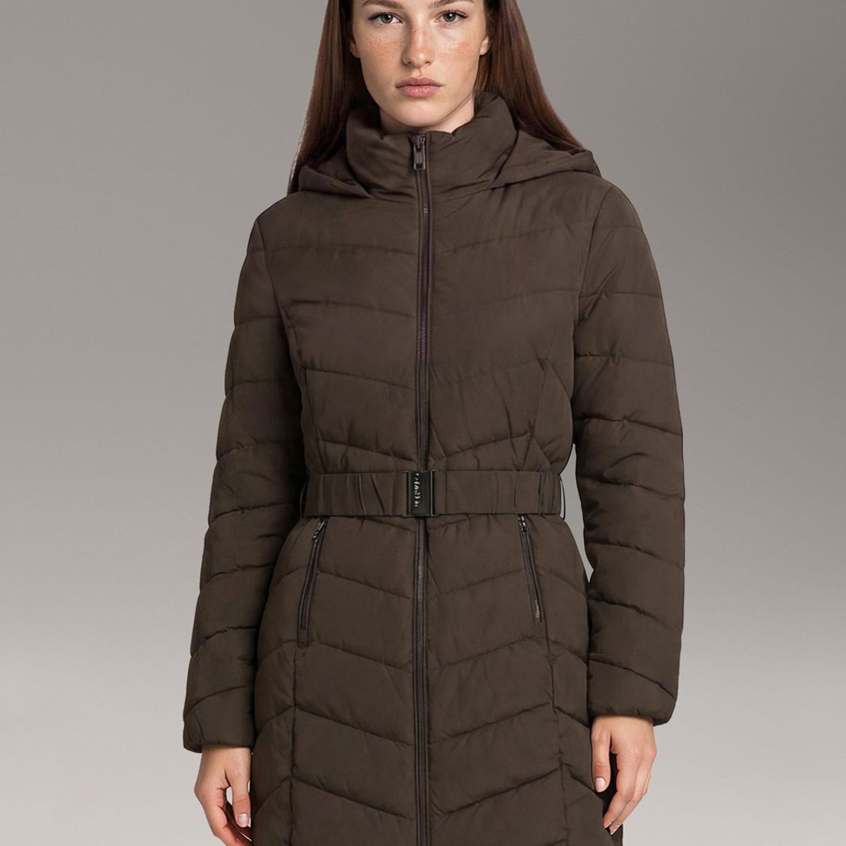 CALVIN KLEIN - Parka Larga Puffer con Gorro Gris Calvin Klein