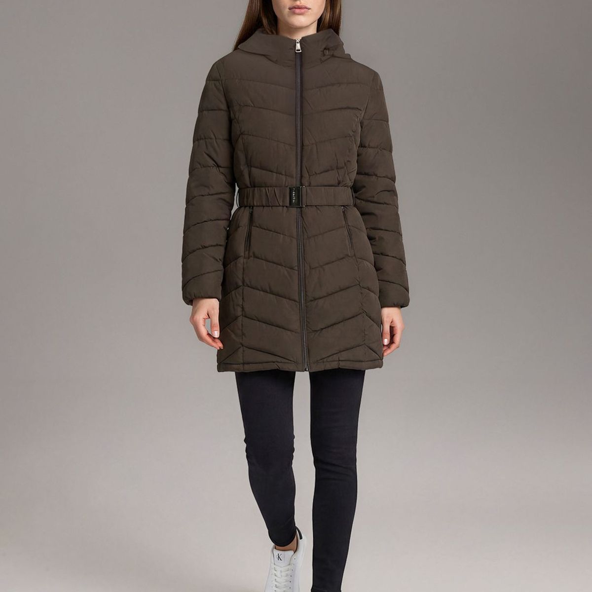 CALVIN KLEIN - Parka Larga Puffer con Gorro Gris Calvin Klein