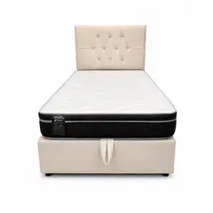 GENERICO - Cama Plaza y Media Turin Crudo Lino Baúl Multifuncional + Base + Respaldo + Colchon Mery Desing