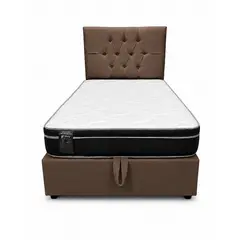 GENERICO - Cama Plaza y Media Turin Cafe Lino Baúl Multifuncional + Base + Respaldo + Colchon Mery Desing