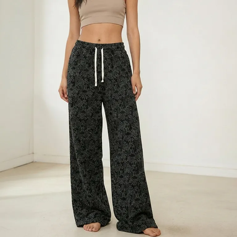 Pantalon de Buzo Algodon Flores Palazzo Termico Forrado En Chiporro Wide Leg Negro S