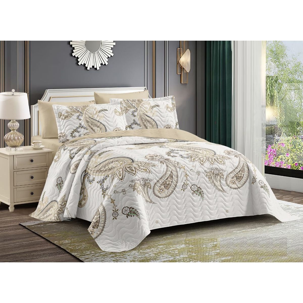 GENERICO - CUBRECAMA DE VERANO KING QUILT DISEÑO LINDO BEIGE HOJA TFCC608