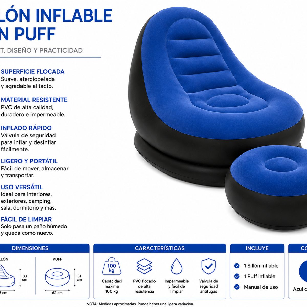 GENERICO - Sillón Inflable con Puff Flocado PVC Premium