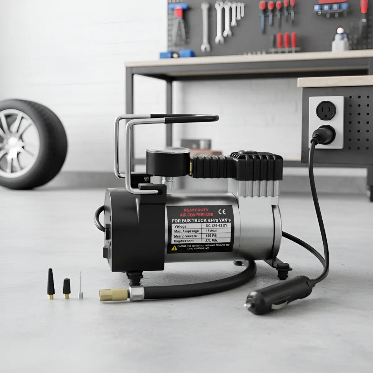 TASBEL - Compresor de Aire Metalico 12v portatil Vehiculo Auto Moto Color Plateado