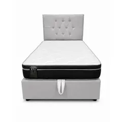 GENERICO - Cama Plaza y Media Turin Gris Claro Baúl Multifuncional + Base + Respaldo + Colchon Excellence Plus