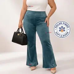 UTILISIMO - Pantalón Cotelé Palazzo Polar Con Chiporro Elasticado Térmico Verde Agua