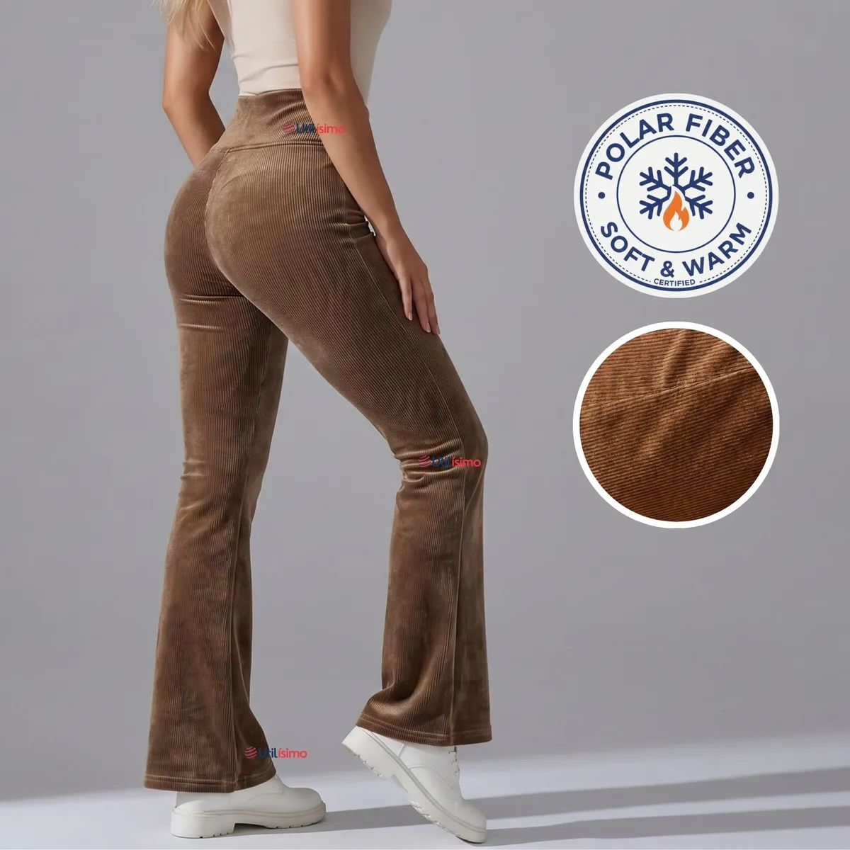 UTILISIMO - Pantalón Cotelé Palazzo Polar Con Chiporro Elasticado Térmico Café