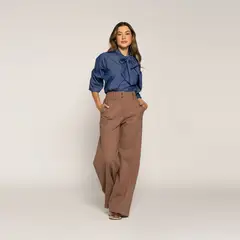 LUDOVICA - Blusa Elena Jeans Cuello redondo ajustado lazo Manga larga Globo Puño elasticado Mujer
