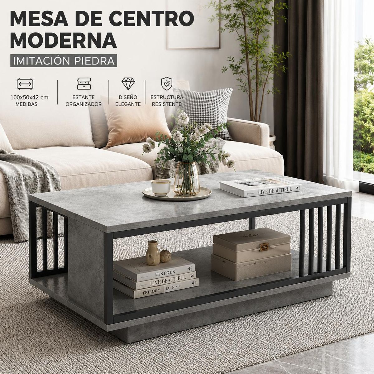 ACTUAL - Mesa De Centro Moderna Imitación Piedra 100x50 Cm Con Estante Y Estructura Metálica