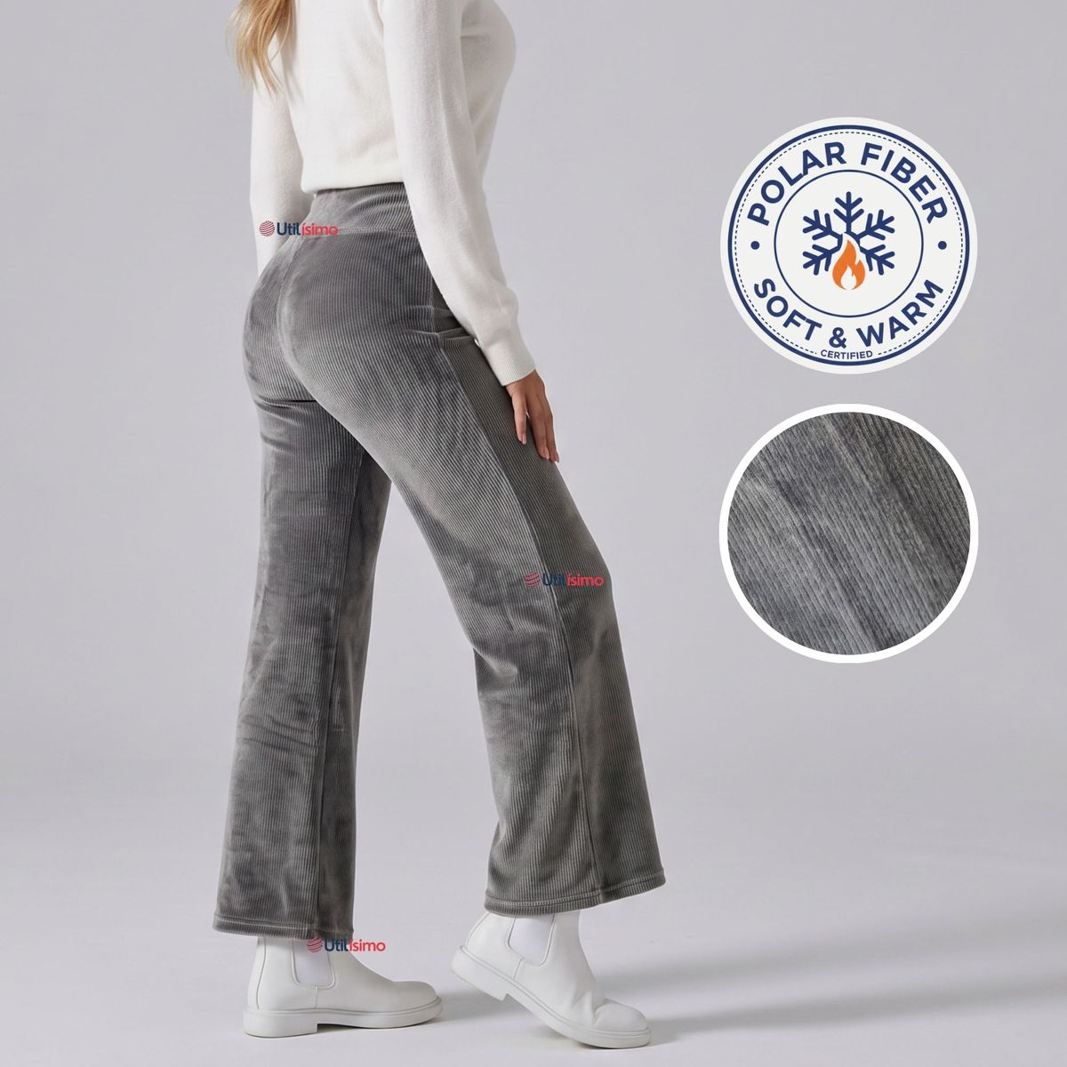 UTILISIMO - Pantalón Cotelé Palazzo Polar Con Chiporro Elasticado Térmico Gris Melange