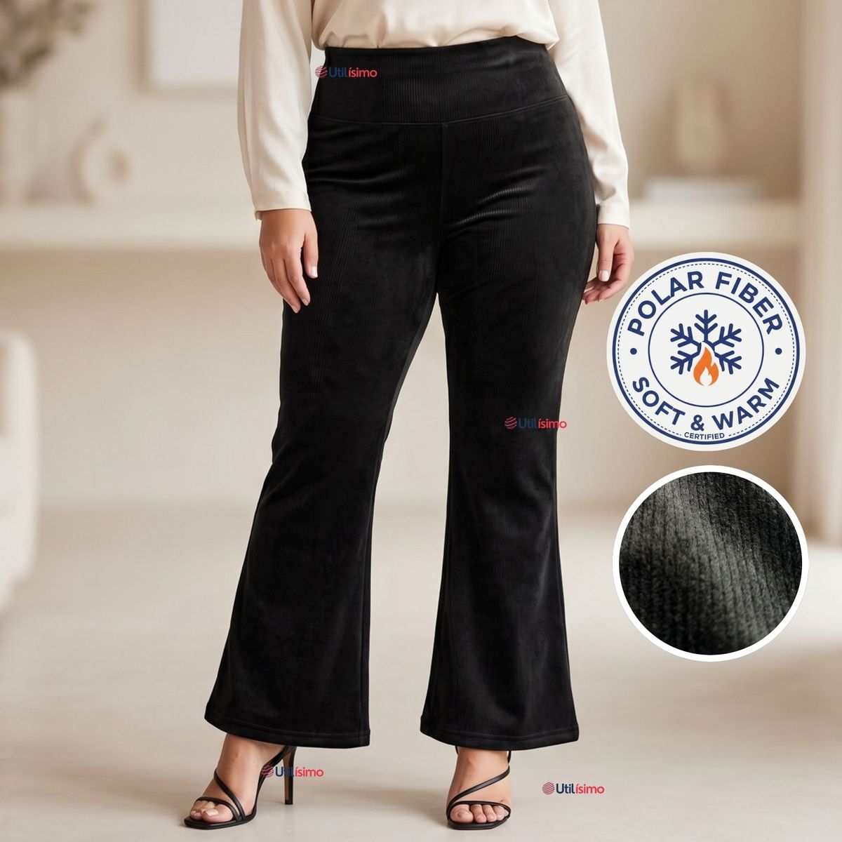UTILISIMO - Pantalón Cotelé Palazzo Polar Con Chiporro Elasticado Térmico Negro