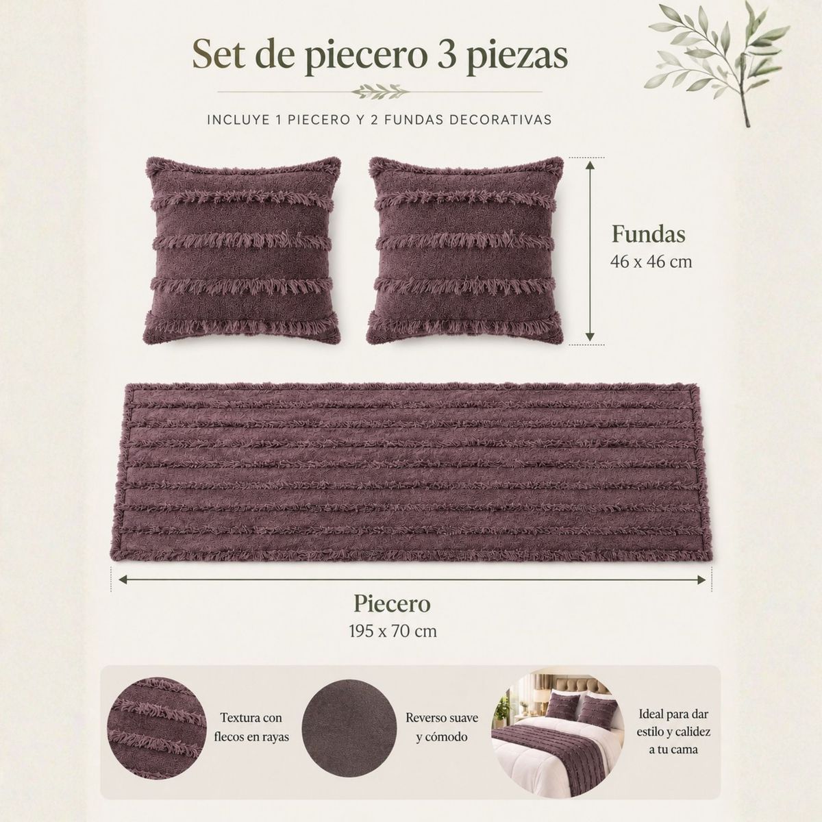 GENERICO - Set Piecero 3 Piezas Morado oscuro 195x70cm + 2 Fundas Almohada - Premium Quilted