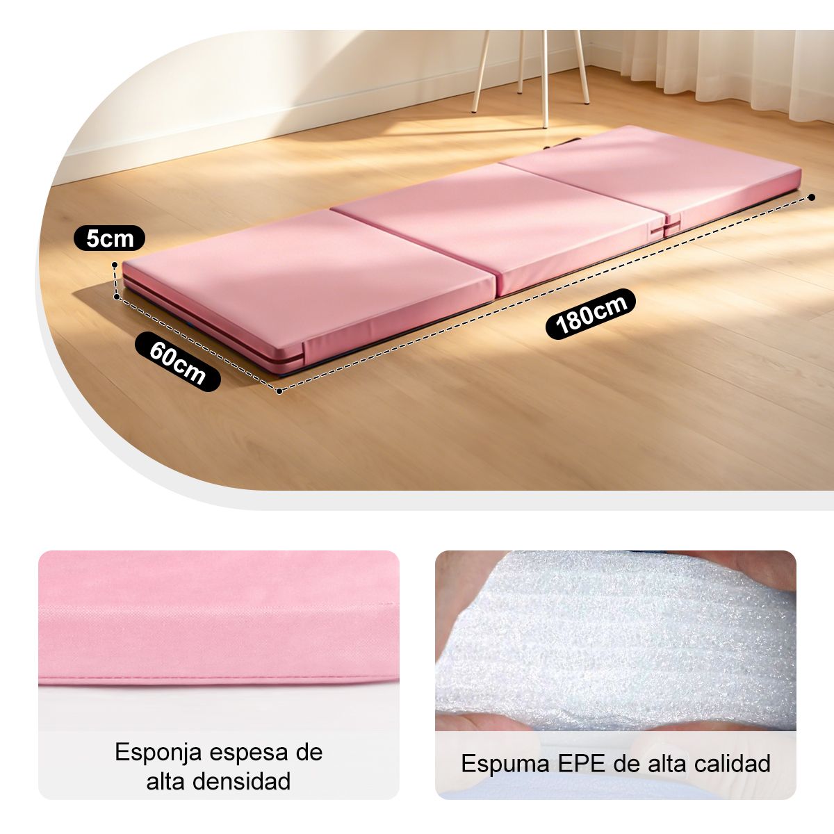 SUPERCENTER - Colchoneta Supercenter Deportiva Plegable Gruesa Con Asa Lona Yoga Pilates180x60x5cm Rosa