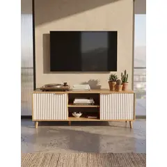 GENERICO - Rack TV Mueble Para Televisor Nordico Con 2 Puertas Acanaladas 138x40x50cm Blanco Madera Melamina 12mm