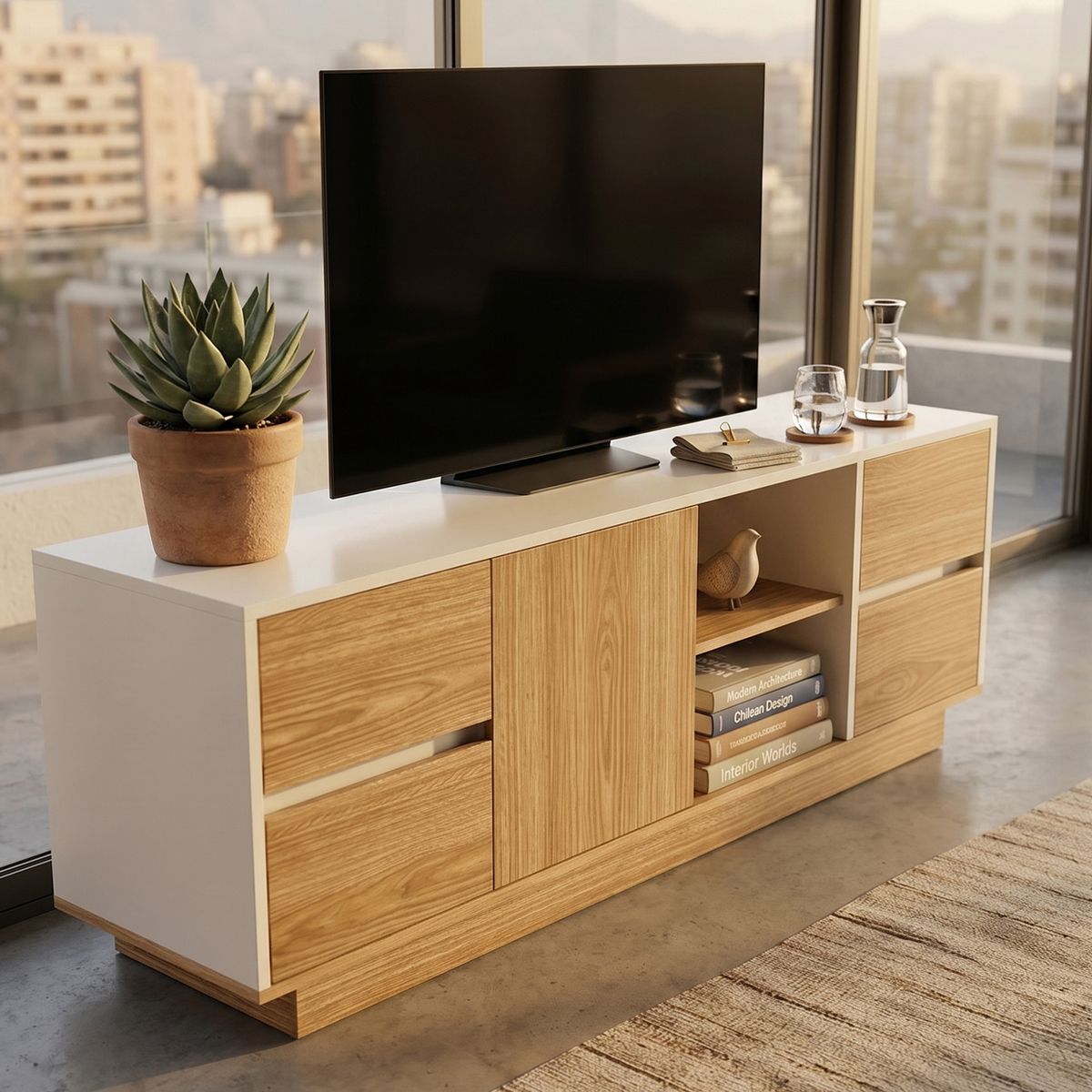 GENERICO - Rack TV Mueble Para Televisor Nordico Con 4 Cajones Y Puerta 110x30x40cm Blanco Madera Melamina 12mm