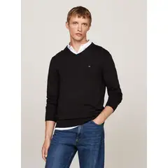 TOMMY HILFIGER - Sweater Básico Signature V-Neck Negro