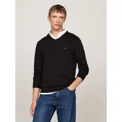 TOMMY HILFIGER - Sweater Básico Signature V-Neck Negro