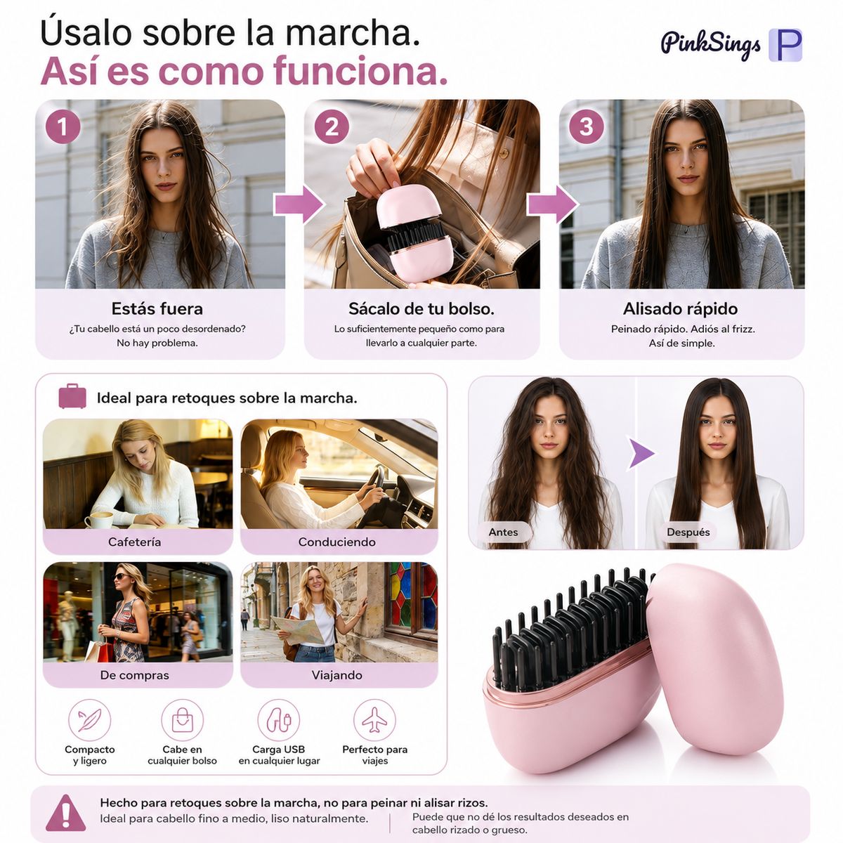 GENERICO - Cepillo Alisador Recargable Portátil USB C 3 Temperaturas